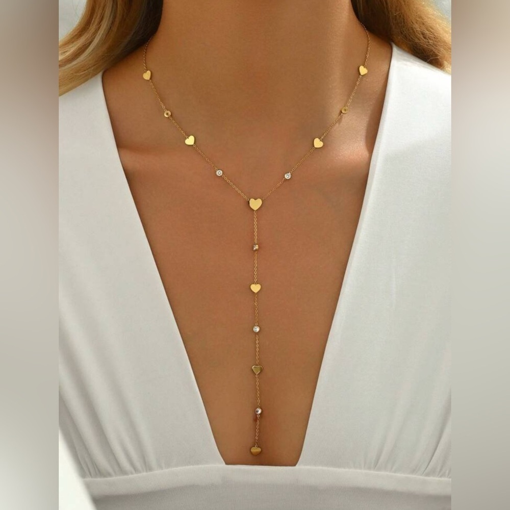 Gold Plated Stainless Steel Heart Pendant Rhinestone Latiat Necklace